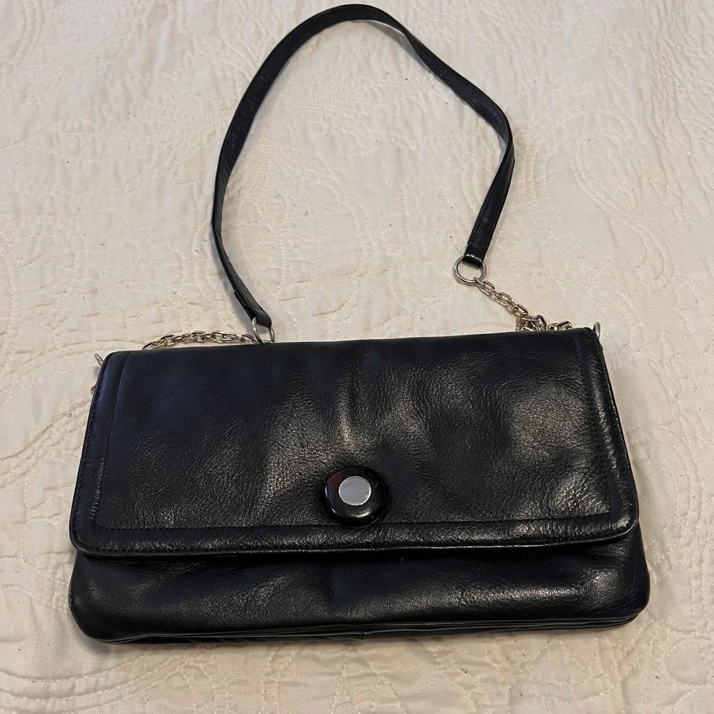 Vintage 90s Black Leather Shoulder Handbag Rectangle Minimalist Classy Old Money